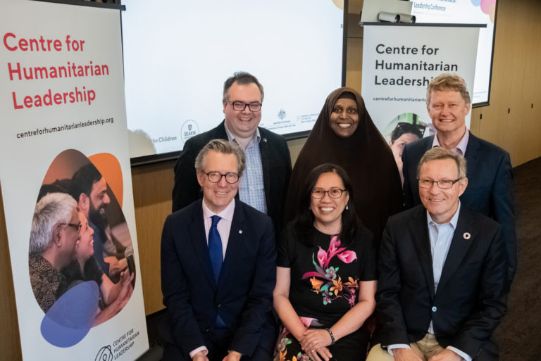 (back row) Stephen Mcdonald (Centre Co-Founder, Director Partnerships, Policy and Practice), Degan Ali, Phil Connors, (front row) Hugo Slim, Lan Mercado, Per Heggenes. 