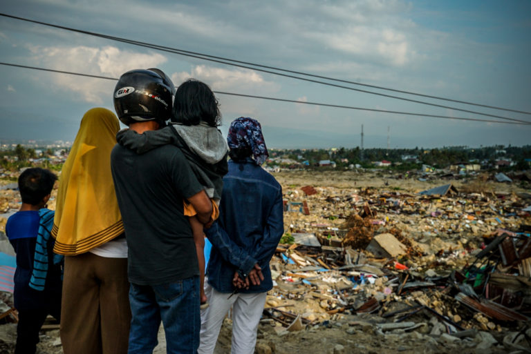 A view of a damaged area in Palu, Central Sulawesi, Indonesia, after being hit by the earthquake and tsunami. On 28 September 2018, a shallow earthquake struck off the Minahasa Peninsula, Indonesia, with its epicentre located in the mountainous Donggala Regency, Central Sulawesi. The quake was located 77 km (48 mi) away from the provincial capital Palu. Following the mainshock, a tsunami alert was issued. A localised tsunami struck Palu, sweeping shore-lying houses and buildings on its way. The combined effects of the earthquake and tsunami has led to many deaths. Many more are displaced or homeless and in need of help.